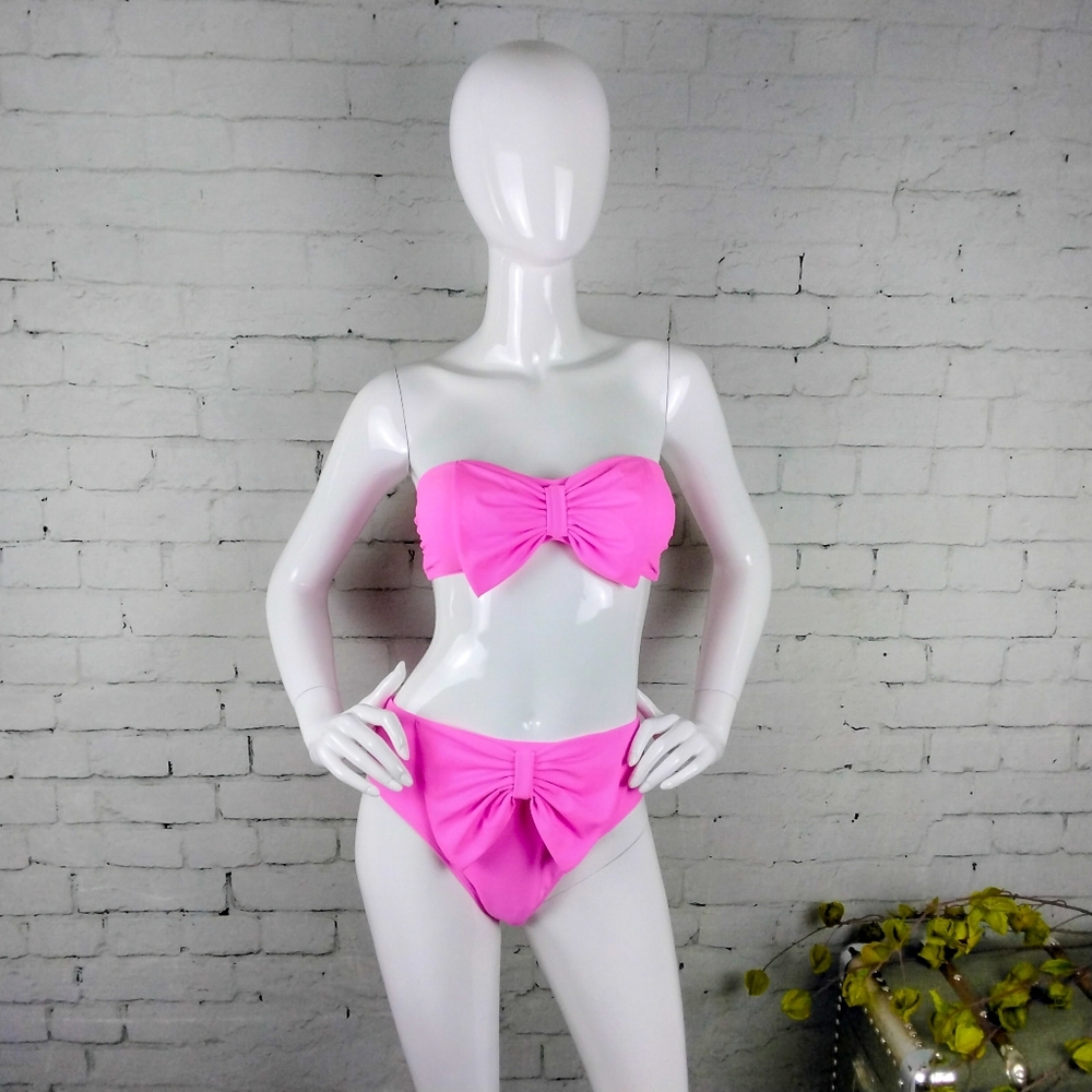 Peddney Bow Bandeau Strapless Bikini Two Piece Swimsuit In Hot Pink